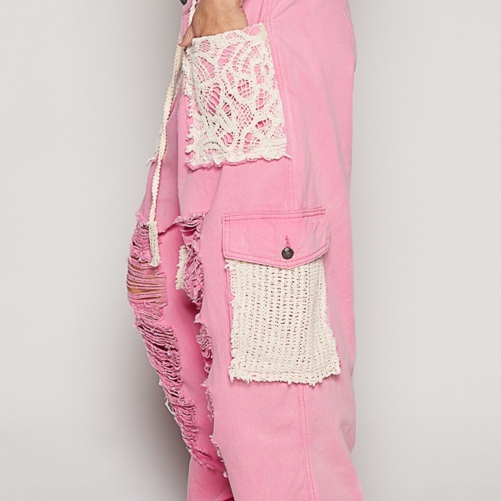 POL Pink Distressed Wide-Leg Track Pants with Crochet Pockets - Picture 5 of 12